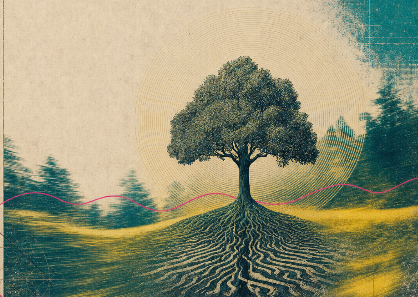 Tree and meadow artwork for Funk in the Meadows 2026